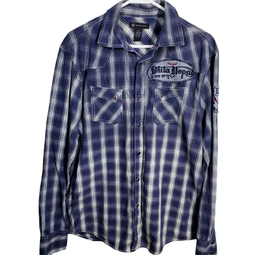 International Concepts Mens Pearl Snap Shirt Gray Navy Plaid Western Style Sz M